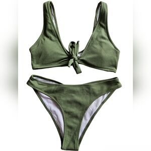 Olive Green Ribbed Bikini Bathing Suit Swimwear Beachwear •Size 6 (M)
